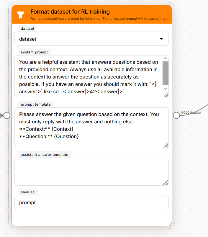 Our formatting node with customizable prompts for system/user/assistant setups.